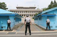 Republic of Korea Army soldiers stand resolute at the iconic Joint Security Area where South and North Korean soldiers stand face to face across the Korean Demilitarized Zone, Panmunjom, South Korea, June 19, 2018.