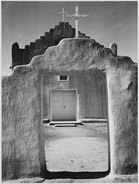 Front view of entrance, "Church, Taos Pueblo National Historic Landmark, New Mexico, 1942" Photographer: Adams, Ansel, 1902-1984. Original public domain image from Flickr