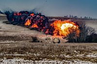 U.S. Soldiers with the 91st Engineer Battalion, 1st Armored Brigade Combat Team, 1st Cavalry Division, detonate a mine clearing line charge fired from their M1 assault breacher vehicle at the Camp Aachen training area, Grafenwoehr, Germany, Jan. 23, 2019.