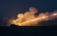 U.S. Soldiers assigned to the 65th Field Artillery Brigade, and soldiers from the Kuwait Land Forces fire their High Mobility Artillery Rocket Systems (U.S.) and BM-30 Smerch rocket systems (Kuwait) during a joint live-fire exercise, Jan. 8, 2019, near Camp Buehring, Kuwait.