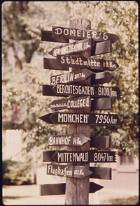 Signpost in the Yard of the Domeier Grocery Store, a Neighborhood Business, on South Minnesota Street in New Ulm Minnesota.