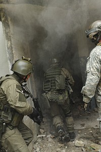 Polish special operations soldiers with the 1st Special Forces Regiment enter a building after breaching a door while a U.S. Army special operations Soldier, right, looks on July 26, 2010, during demolition and breaching training in Trzebien, Poland.