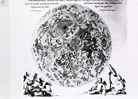 Observation Exacte Des Macules Du Disque De La Lune.  A close-up view of the surface of the moon as seen through a telescope by cherubim in the lower right corner and illustrated by cherubim in the lower left corner. Original public domain image from Flickr