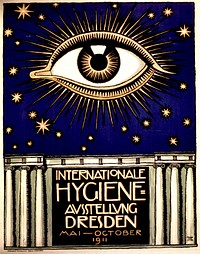 Internationale Hygiene-Ausstellung. Visual motif: An eye surrounded by stars. Columns frame the text. Original public domain image from Flickr