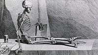 Dance of Death. Skeleton seated on a stone slab in right profile; using right hand to support himself, holding pen and book in left hand, legs crossed at the ankles; at left on the slab are anatomical drawings and an hourglass. Original public domain image from Flickr