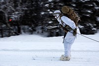 An Army paratrooper holds onto a rope secured to the back of Small Unit Sustainment Vehicle during a skijoring exercise at Joint Base Elmendorf-Richardson, Alaska, Jan. 27, 2021. (U.S. Air Force photo by Alejandro Peña). Original public domain image from Flickr