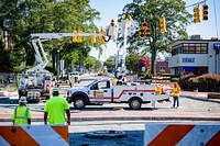 Town Creek CulvertTemporary traffic and pedestrian signals are installed at Evans Street while trees are planted along Reade Circle. Drain pipe is placed along W 8th Street and work begins on Ficklen Street. July 14, 2020.