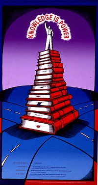 Knowledge is power. Poster shows a stack of books with a person standing on top of them, arm raised, and the title arcing over him. The books are at the crossing of two roads with the ground and roads in turquoise. The sky is purple and the print is in red, blue, or black. The topics include: EEO complaint and adjudication procedures; negotiated grievance procedures; and administrative grievance procedure and the negotiated grievance procedure.Original public domain image from Flickr