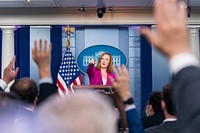 Press Secretary Jen Psaki holds a press briefing on Wednesday, Aug. 4, 2021, in the James S. Brady Press Briefing Room of the White House. (Official White House Photo by Cameron Smith). Original public domain image from Flickr