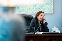 Vice President Kamala Harris holds an on phone and in-person meeting in preparation for her trip to Singapore Wednesday, August 4, 2021, in her West Wing Office of the White House. (Official White House Photo by Erin Scott). Original public domain image from Flickr