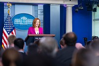 Press Secretary Jen Psaki holds a press briefing on Wednesday, Aug. 4, 2021, in the James S. Brady Press Briefing Room of the White House. (Official White House Photo by Cameron Smith). Original public domain image from Flickr