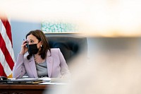 Vice President Kamala Harris makes calls and holds meetings in preparation for her upcoming trip to Singapore on Friday, August 6, 2021, in her West Wing office at the White House. (Official White House Photo by Erin Scott). Original public domain image from Flickr