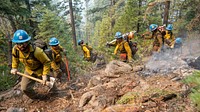 Blue Ridge Hot Shots dig a fireline on a steep-sloped mountain to suppress the Dixie Fire in Lassen National Forest, California. USDA Forest Service photo by Cecilio Ricardo. Original public domain image from Flickr