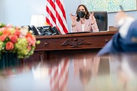 Vice President Kamala Harris participates in a head of state call with Mexico’s President Andrés Manuel López Obrador in her West Wing Office of the White House, Monday, August 9, 2021. (Official White House Photo by Lawrence Jackson). Original public domain image from Flickr