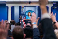 White House Press Secretary Jen Psaki holds a press briefing on Tuesday, August 10, 2021. (Official White House Photo by Cameron Smith). Original public domain image from Flickr