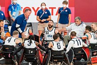 Second Gentleman Douglas Emhoff attends wheel chair rugby Wednesday, Aug. 25, 2021, during the Tokyo Paralympics at Yoyogi Stadium in Tokyo, Japan. (Official White House Photo by Cameron Smith). Original public domain image from Flickr