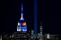 The Tribute in Light installation is seen from the Top of the Rock observation deck.