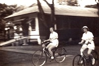 Naval Hospital Canacao, Philippine Islands, 1941. Miss Still, Miss Todd. [Nurse Corps][Dorothy Still; Edwina Todd on bicycles] 