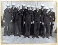 10th Class of Dental Technicians. 1 Sept-22 Dec 1937. Front l-r: Sorrell, S.N., HA2, Miller, W.L., PhM3, Jorboe, A.J., HA1; Bayle, R.R., HA1; Clausi, F.R.T., PhM3; Hook, L.G., HA1. Rear l-r: Dunbar, F.S, HA2, Bilsborough, E., PhM2; Wilson, F.A., PhM3; McCormack, R.L., HA1. [Dental Technicians][Education] Dental Corps Historical Exhibit 14-2001-0677print 7 1/4x9 1/2 b&w 