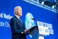 President Joe Biden delivers a leader statement during the COP26 U.N. Climate Change Conference, Monday, November 1, 2021, at the Scottish Event Campus in Glasgow, Scotland. (Official White House Photo by Adam Schultz) This official White House photograph is being made available only for publication by news organizations and/or for personal use printing by the subject(s) of the photograph. The photograph may not be manipulated in any way and may not be used in commercial or political materials, advertisements, emails, products, promotions that in any way suggests approval or endorsement of the President, the First Family, or the White House.