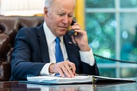 President Joe Biden talks on the phone with Target CEO Brian Cornell about supply chain issues, Tuesday, November 9, 2021, in the Oval Office. (Official White House Photo by Adam Schultz) This official White House photograph is being made available only for publication by news organizations and/or for personal use printing by the subject(s) of the photograph. The photograph may not be manipulated in any way and may not be used in commercial or political materials, advertisements, emails, products, promotions that in any way suggests approval or endorsement of the President, the First Family, or the White House.