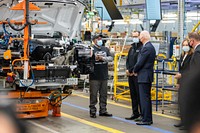 President Joe Biden tours the General Motors’ Factory ZERO Facility in Detroit, Wednesday, November 17, 2021. Hayward Miller with the Core Launch Team, left, explains electrical testing and quality checks. (Official White House Photo by Adam Schultz) This official White House photograph is being made available only for publication by news organizations and/or for personal use printing by the subject(s) of the photograph. The photograph may not be manipulated in any way and may not be used in commercial or political materials, advertisements, emails, products, promotions that in any way suggests approval or endorsement of the President, the First Family, or the White House.