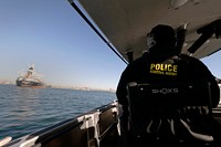 A U.S. Customs and Border Protection, Air and Marine Operations marine interdiction agent patrol the coastal waters of Long Beach, Calif., aboard 41-foot Coastal Interceptor SAFE Boat, Feb. 7, 2022. CBP Photo by Glenn Fawcett