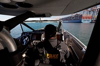 U.S. Customs and Border Protection, Air and Marine Operations marine interdiction agents patrol the coastal waters of Long Beach, Calif., aboard a 41-foot Coastal Interceptor SAFE Boat Feb. 7, 2022. CBP Photo by Glenn Fawcett