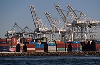 Containers stand stacked in the Port of Long Beach, Calif., as U.S. Customs and Border Protection, Air and Marine Operations marine interdiction agents patrol the port aboard a CBP SAFE Boat Feb. 7, 2022. CBP Photo by Glenn Fawcett