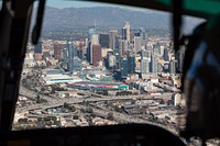 U.S. Customs and Border Protection Air and Marine Operations uses air assets to protect the air space surrounding Los Angeles prior to Super Bowl LVI. An AMO AS350 A-Star helicopter air crew approaches SoFi Stadium on Feb 6, 2022. CBP photo by Ozzy Trevino