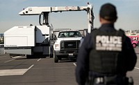 Officers with U.S. Customs and Border Protection Office of Field Operations conduct Non-Intrusive Inspections near SoFi Stadium in Inglewood, Calif., Feb. 8, 2022. CBP Photo by Glenn Fawcett
