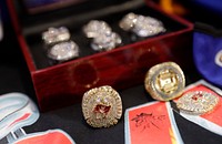 Counterfeit NFL Championship rings are displayed as U.S. Customs and Border Protection participates in a press conference to discuss Operation Team Player in an effort to inform the public of intellectual property rights violations relative to Super Bowl LVI products Including counterfeit game tickets at the Los Angeles Convention Center, Feb. 10, 2022. CBP Photo by Glenn Fawcett