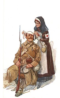 Nurse bandaging soldier's headCollection: Images from the History of Medicine (IHM) Contributor(s): Zwerdling, Michael, former owner Publication: Moskva : Izd. Tamarkinʺ, [1914?] Language(s): Russian Format: Still image Subject(s): Nurses, Military Personnel, World War I, Russia (Pre-1917) Genre(s): Postcards Abstract: Color postcard featuring a nurse bandaging a wounded soldier's head. The soldier is sitting on a chair. He is wearing a brown uniform with a medal pinned to his chest. He is holding his hat on his knee with his left hand and a rifle with bayonet with his right hand. The nurse is wearing a brown dress, a white apron with a red cross on her chest, red cross armband, and a blue head dress. A flask is hanging across her shoulder. Extent: 1 postcard : 14 x 9 cm Provenance: Purchase; Michael Zwerdling; 2004; 04-22. Technique: color NLM Unique ID: 101657930 NLM Image ID: D04724 Permanent Link: resource.nlm.nih.gov/101657930