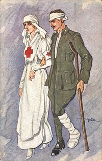 Nurse walking with a soldierCollection: Images from the History of Medicine (IHM) Author(s): Golia, 1885-1967, artist Contributor(s): Zwerdling, Michael, former owner Publication: [Italy?] : [publisher not identified], [1915?] Format: Still image Subject(s): Nurses, Military Personnel, Nurse-Patient Relations Genre(s): Postcards Abstract: Postcard features a painting by Golia in which a nurse in a white Red Cross uniform is walking arm in arm with a wounded soldier. She is looking very serious, almost angry. The patient, wearing a soldier's uniform, has his head and his left leg bandaged; his right arm is hooked through the nurse's left arm and he is holding a crutch in his left hand. Author's signature is on the lower right hand side of the postcard. Extent: 1 postcard : 14 x 9 cm Provenance: Purchase; Michael Zwerdling; 2004; 04-22. Technique: color NLM Unique ID: 101668888 NLM Image ID: D04565 Permanent Link: resource.nlm.nih.gov/101668888