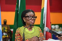 The Deputy Special Representative of the United Nations Secretary-General for Somalia, Anita Kiki Gbeho, speaks during celebrations to mark Ghana's 65th independence anniversary in Mogadishu, Somalia on 6 March 2022. AMISOM Photo / Mukhtar Nuur