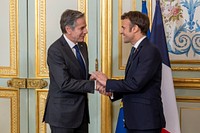 Secretary Blinken Meets With French President MacronSecretary of State Antony J. Blinken meets with French President Emmanuel Macron in Paris, France, on March 8, 2022. [State Department photo by Ron Przysucha/ Public Domain]