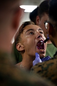 US Navy Sailors conduct a simulated mass casualty drill in response to a helicopter raid training exercise 210618-M-TS451-1692U.S. Navy sailors with America Amphibious Ready Group, 31st Marine Expeditionary Unit (MEU), check for potential trauma within a patient’s airway during a mass casualty drill to assess skills and coordination between integrated units aboard the amphibious assault ship USS America (LHA 6) in the Philippine Sea, June 18, 2021. Marines with Battalion Landing Team 3/5, 31st MEU, carried out a helicopter raid training exercise, where they sustained notional causalities who were then transported to USS America for treatment. The 31st MEU is operating aboard ships of the America Ready Group in the 7th fleet area of operations to enhance interoperability with allies and partners and serve as a ready response force to defend peace and stability in the Indo-Pacific region. (U.S. Marine Corps photo by Cpl. Karis Mattingly)