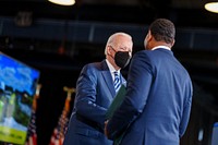 President Joe Biden greets EPA Administrator Michael Regan as he prepares to deliver remarks on Great Lakes restoration and the Bipartisan Infrastructure Law, Thursday, February 17, 2022, at the Shipyards in Lorain, Ohio. (Official White House Photo by Adam Schultz)