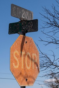 Stop sign, vintage road sign.