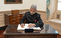 Indian Minister of External Affairs Dr. S. Jaishankar Signs the Department Guest Book at the U.S. Department of State in Washington, D.C., on April 11, 2022. [State Department photo by Freddie Everett/ Public Domain]