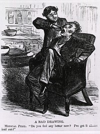 Dentistry - Caricatures: A Bad Drawing. A bad drawing [cartoon depicting medical pupil extracting a tooth]. Original public domain image from Flickr