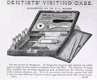 Dental Instruments & Apparatus: Advertisement for Dentists' Visiting Case. Dentists' visiting case (opened, showing instruments) - suggested by Dr. E.C. Moore. Original public domain image from Flickr