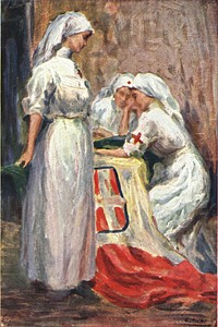 Three Nurses. Three nurses in Red Cross uniforms. Two are sitting at a table and one is standing in front of it, turned so her profile is visible. Original public domain image from Flickr