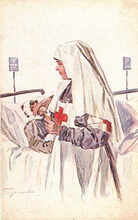 Nurse Pouring Medicine. Colored postcard features a nurse pouring medicine from a bottle into a small cup. It appears she is preparing the medication for the wounded patient with bandaged head lying in bed. The nurse wears a white uniform with a red cross on her chest. Artist signature in lower left-hand corner. Original public domain image from Flickr