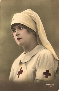 Nurse in White Veil. This is a color photographic postcard of a World War I French nurse. She is shown from the chest up. Her uniform is white and pale blue, with a white apron and long veil. She wears an armband on her left arm. There is a red cross on the apron, armband and cap. The nurse does not face the viewer directly, but is turned, looking slightly off to the side. Original public domain image from Flickr