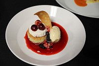 Mixed berry cake, fine dining dessert.