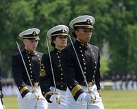 The U.S. Naval Academy Brigade of Midshipmen marches in a parade on Worden Field. May 27, 2021. (U.S. Navy photo by Stacy Godfrey/Released). Original public domain image from Flickr