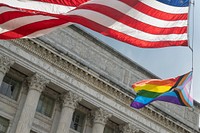 Pride Flag flying at the United States Department of Agriculture in Washington, D.C. Original public domain image from Flickr