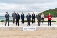 President Joe Biden takes a G7 leaders family photo at the Carbis Bay Hotel and Estate in St. Ives, Cornwall, England. June 11, 2021. (Official White House Photo by Adam Schultz). Original public domain image from Flickr