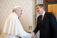 Secretary of State Antony J. Blinken meets with Pope Francis, in Vatican City, the Holy See. June 28, 2021. (Photo by The Vatican) Original public domain image from Flickr